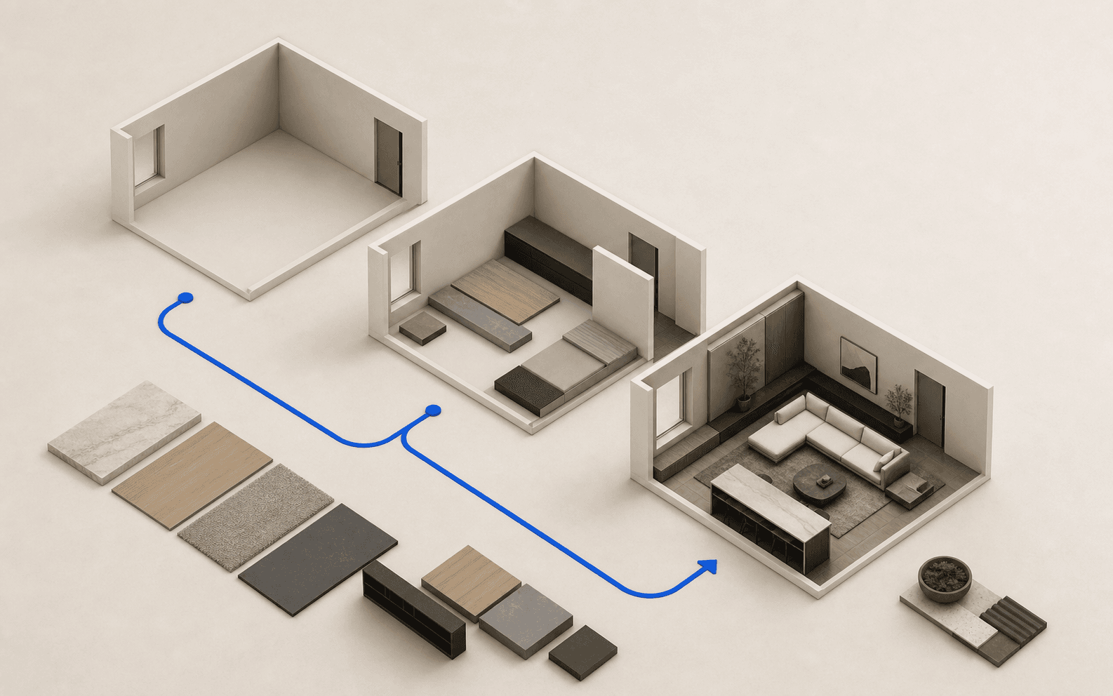 RoomGPT 主题的本站原创抽象封面：空房间、材料板与布置完成的房间沿蓝色路径排列，非产品界面截图。