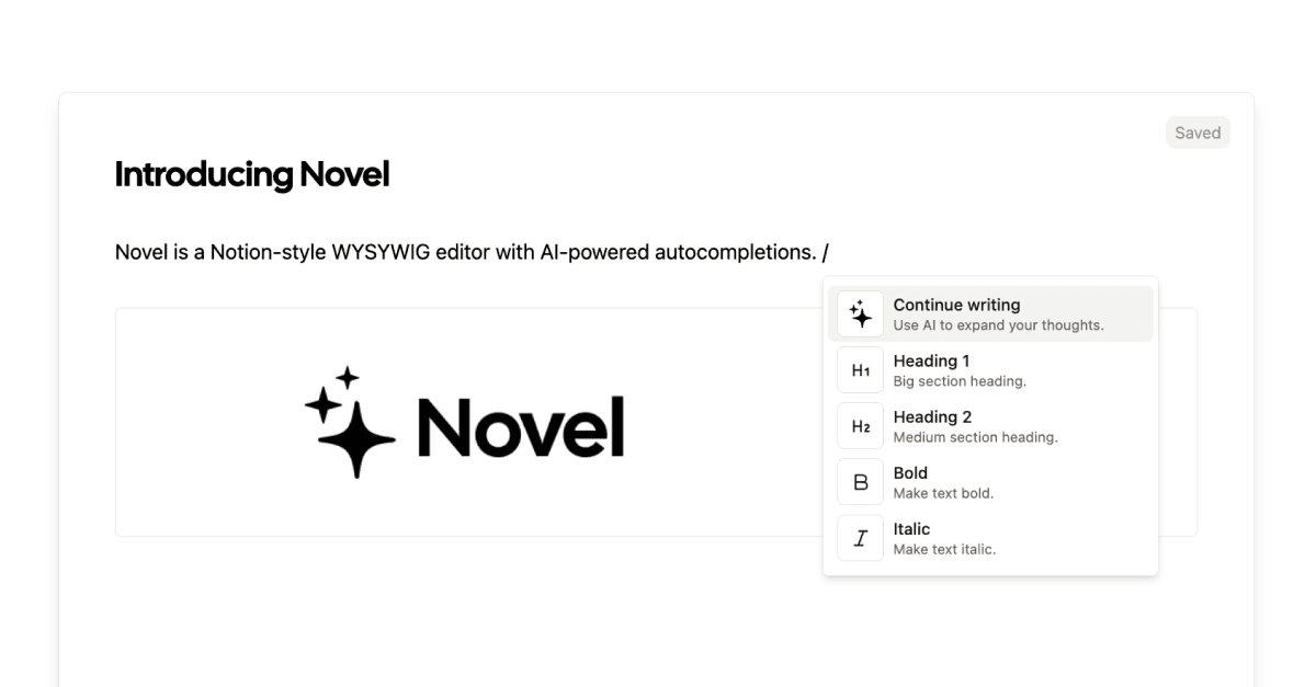 Novel 官方仓库中的编辑器界面，展示 AI 续写菜单。