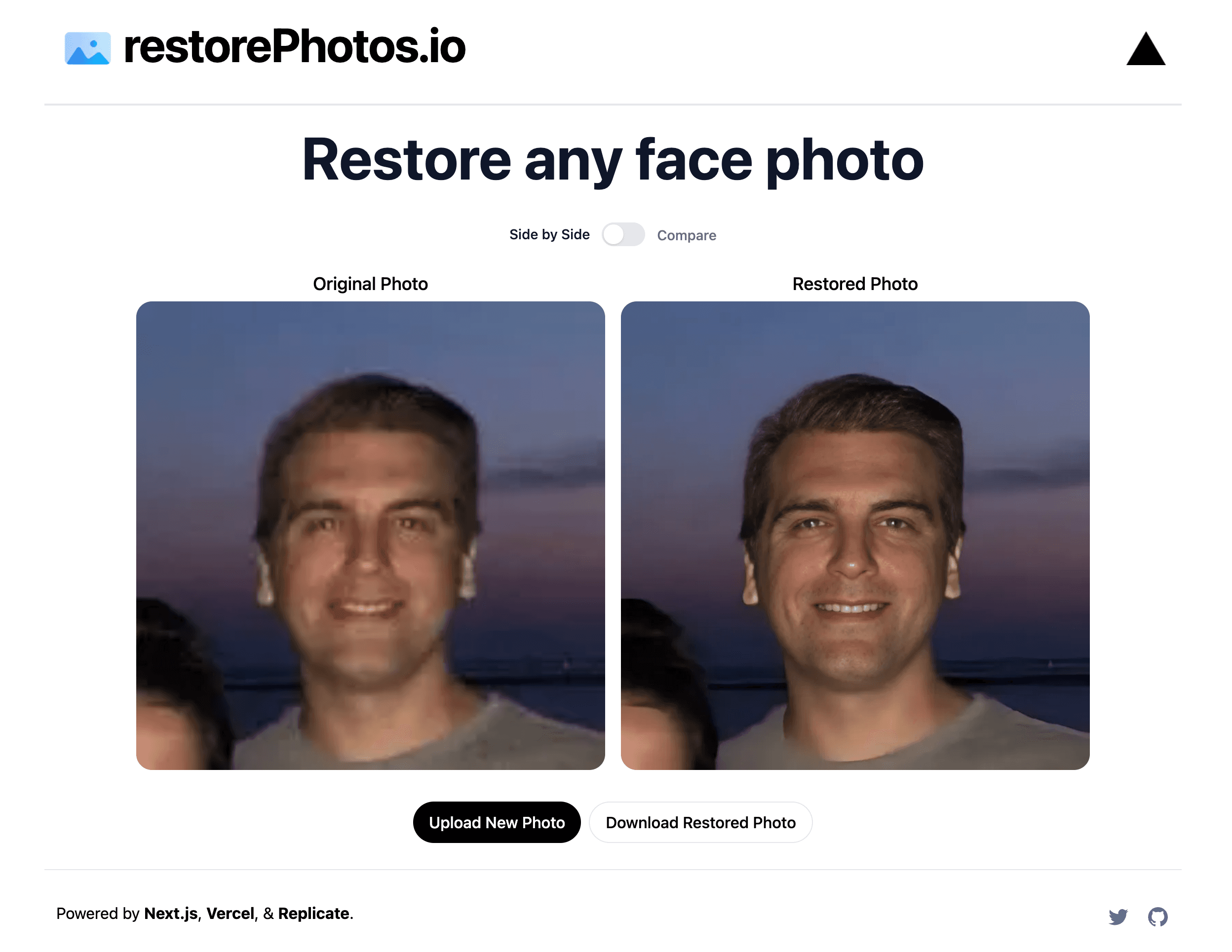 RestorePhotos 官方仓库中的界面截图，展示模糊人像与修复结果对比。