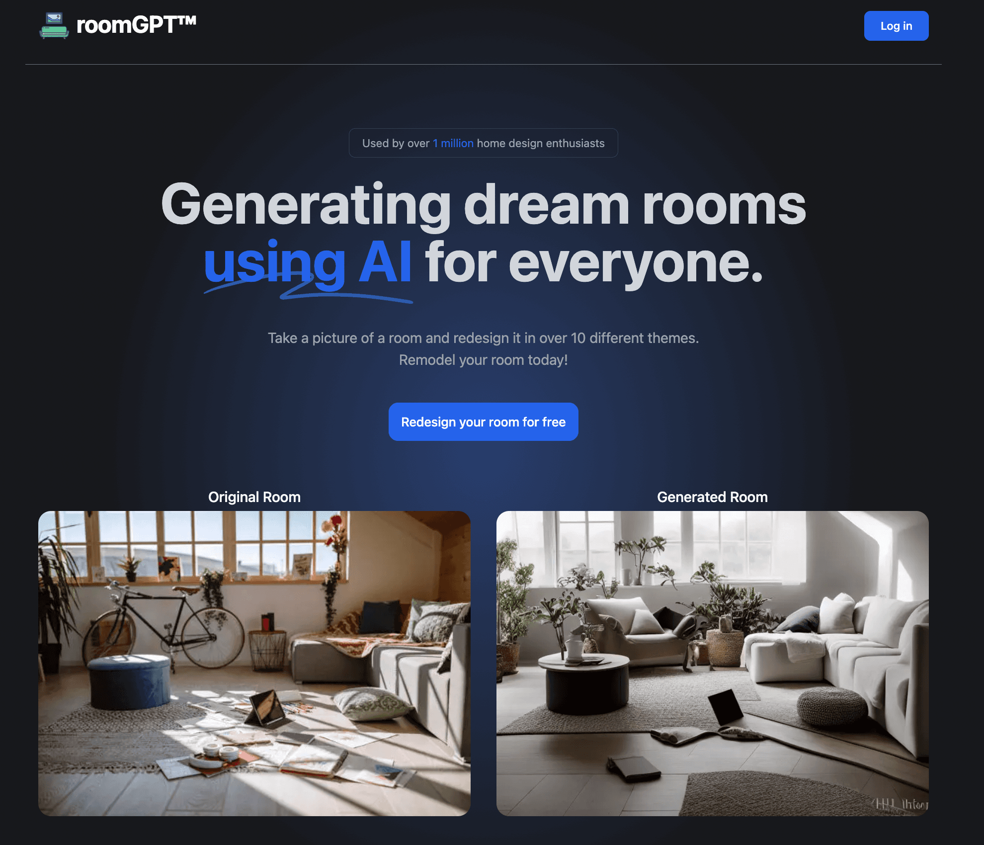 RoomGPT 官方开源仓库中的界面截图，展示原始房间与 AI 改造房间的对比。
