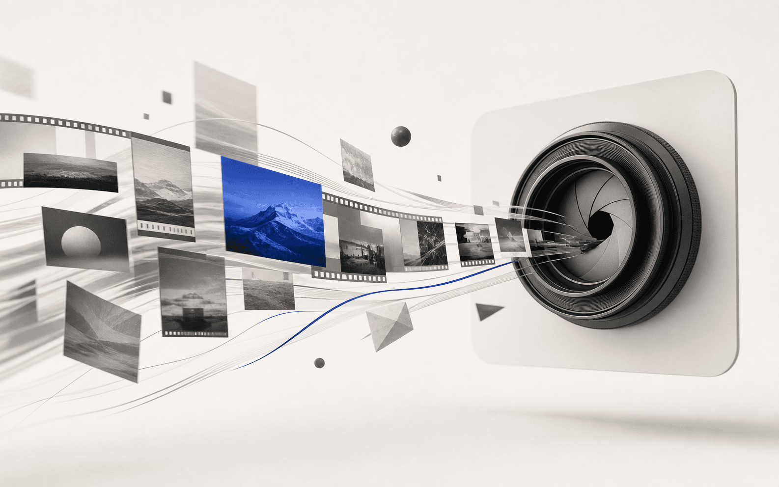 CogVideoX 主题的本站原创抽象封面:多组影像帧汇入相机镜头,非产品界面截图。