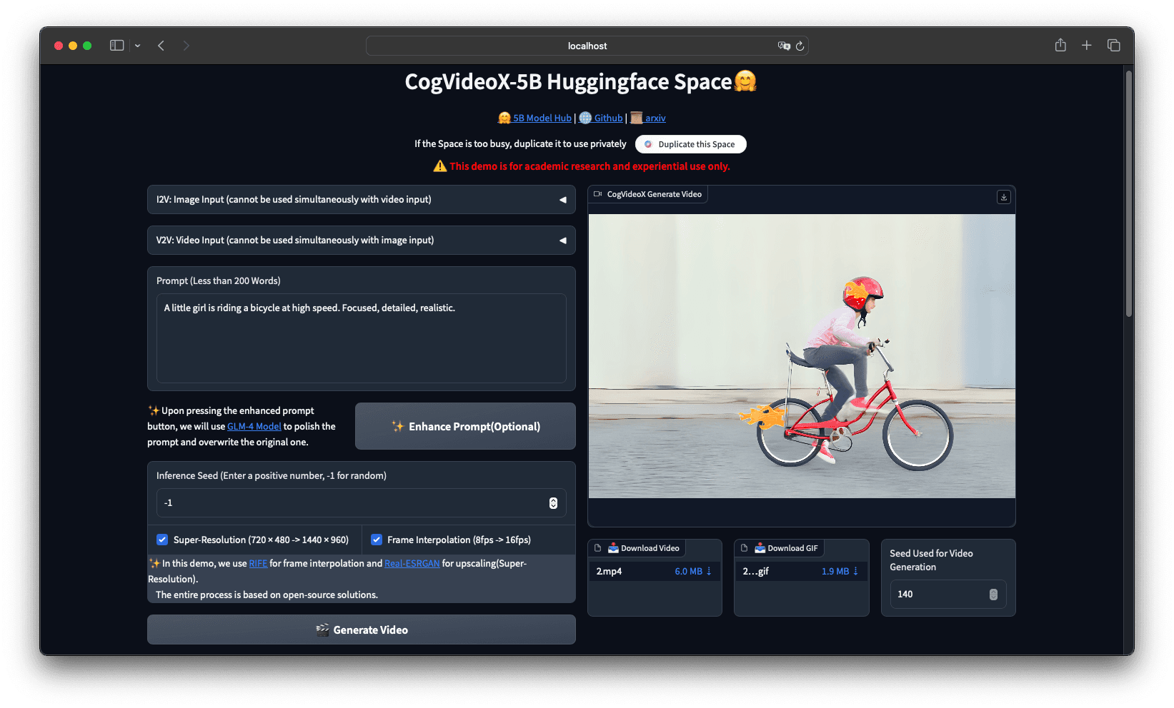 CogVideoX 官方仓库中的 Web Demo 截图,左侧为生成参数,右侧为视频输出。